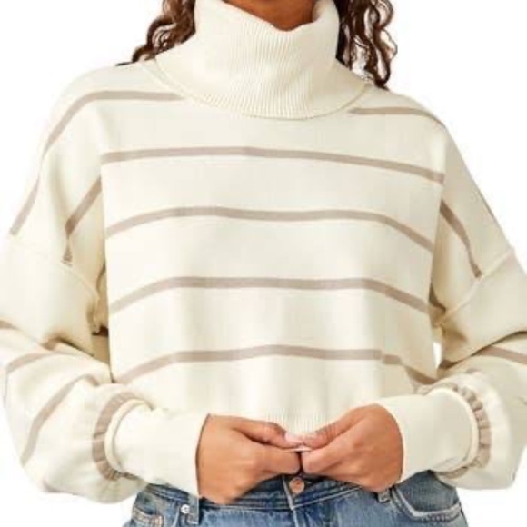 Free People Cream and Tan Striped Turtleneck Sweater Women's Large - Picture 1 of 8